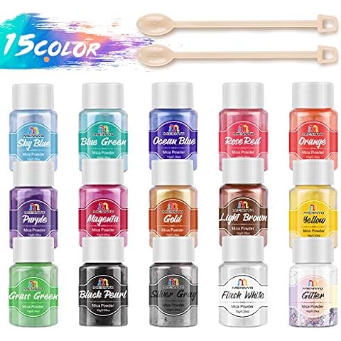 MENNYO Epoxy Resin Pigment, Soap Dye 10g/0.35oz*15 Natural Metallic Mica Powder for Epoxy Resin Kit, Paint, Soap, Slime, Bath Bomb, Nail Polish, Cosmetic Eyeshadow, Makeup Cover