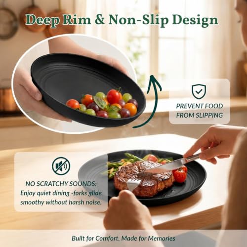 Image of Homienly Wheat Straw Plates Unbreakable Deep Dessert Plates Set of 8 Plastic Plates Reusable Microwave Safe Plate for Kitchen Camping Party Dishwasher Safe Stackable Appetizer Plates (8in, Black)