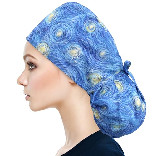 Image of QBA Adjustable Working Cap with Button, Satin-Lined Hat, Cotton Working Hat Sweatband, Elastic Tie Back Hats Unisex