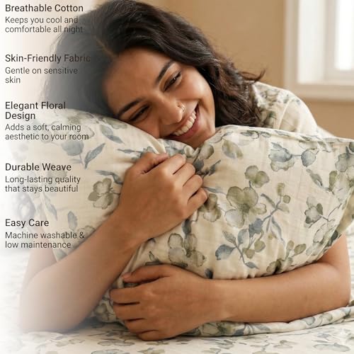 Image of VAS COLLECTIONS King Size Bedsheet Set Cloud Cotton 270x240 cm | Soft Breathable Flat Bed Sheet with 2 Pillow Covers |Floral Printed Bedsheet for King Bed | Durable Bedding Set, Sage Green