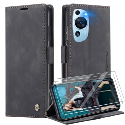 Caseme Funda para Huawei P60 Art + 2X Protector Pantalla,Funda Movil Carcasa PU Cuero con Ranura para Tarjeta, Cierre Función de Soporte, Negro