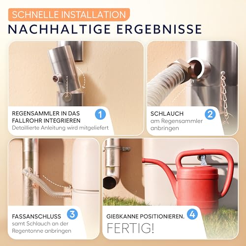 Regenwassersammler mit Sieb für Fallrohre 100mm | erhöhter Ertrag | Edelstahl | Langer 0,5m Schlauch + Fassanschluss | Fallrohr Regensammler | Regensammler für Fallrohr 100 Regentonne - Drei Eichen
