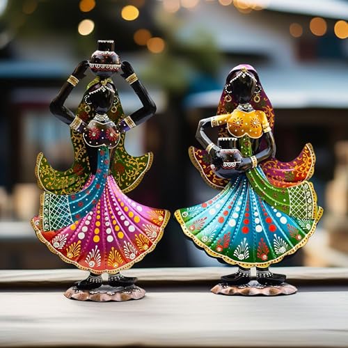 Image of KRAFTSKALA Handcrafted Rajasthani Ethnic Village Girl Dolls Figurine - Set of 2 | Vibrant 16 inch Metal Showpiece for Home Decor | Ideal Gift for Housewarming, Weddings, Diwali