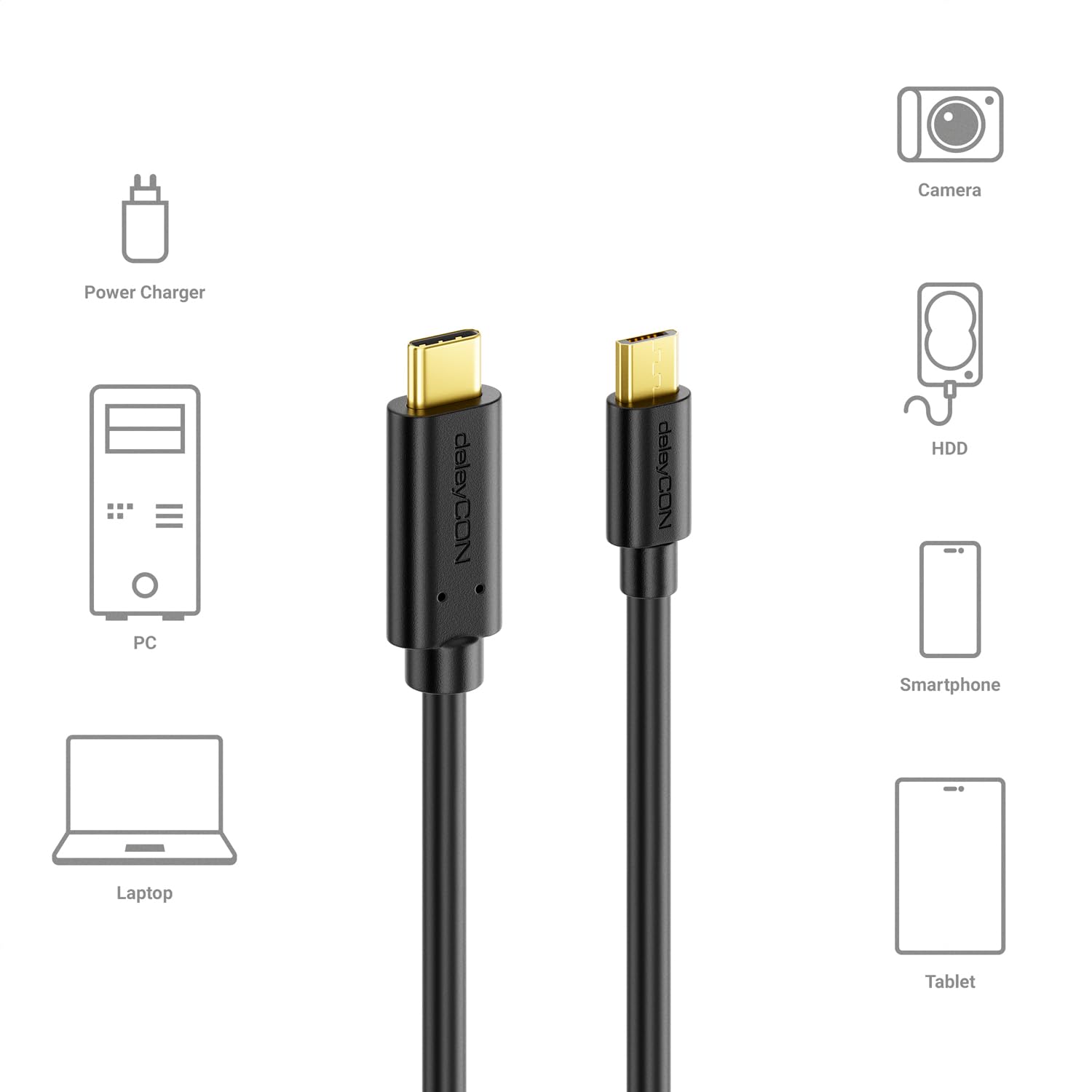 deleyCON 1m USB C a Micro USB - Cavo di Ricarica e Dati da USB-C a Micro-USB - Compatibile per Smartphone Tablet con Presa Micro-USB o Adattatore di Ricarica per Tablet e Notebook con USB-C