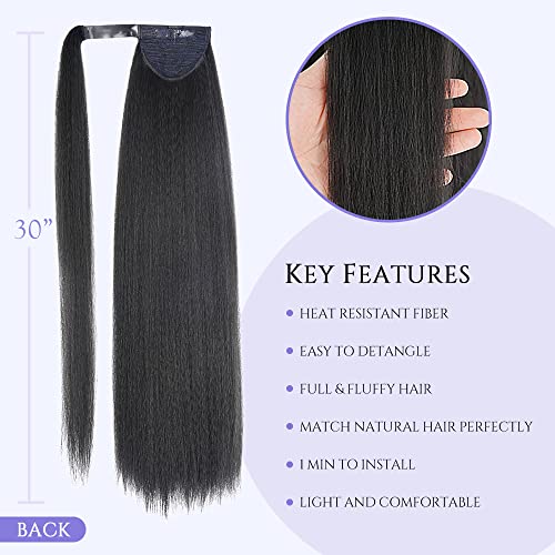 30 Inch Kinky Straight Ponytail Extension, Soft & Natural As Human Hair, Wrap Around Ponytail Extension For Black Women, Long Italian Yaki Synthetic Hair Extension, Natural Black(1B) #TOP3