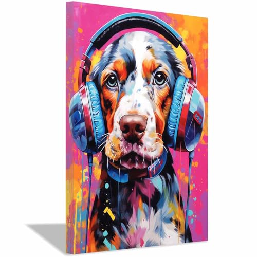 Tableau chien vibrant casque bleu impression sur toile haute définition