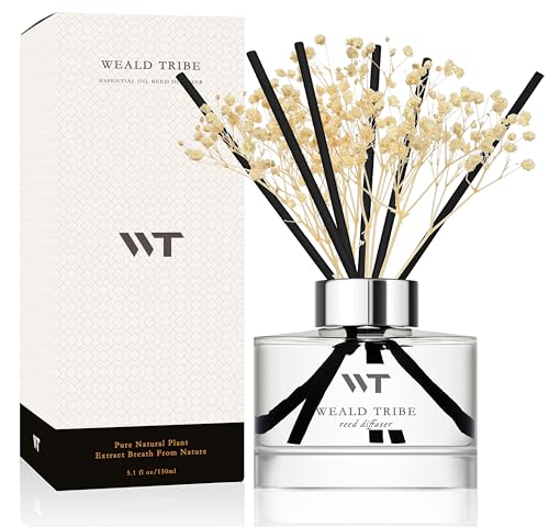 WEALD TRIBE Flower Reed Diffuser Set White Jasmine Scent for Bathroom Accessories Shelf Decor & Air Fresheners, Fresh Air Sticks Defusers with 5.1 fl oz Essential Oils, House Office Decor & Gifts