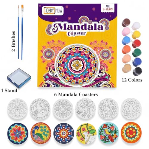 Image of HOBBY INDIA Mandala Art Kit for Adults and Kids | DIY Tea Coaster Set of 6 with Painting Kit | Unique Art and Craft Kit Gift | Perfect Tea Coaster for Office Desk, Dining Table Kitchen Decoration