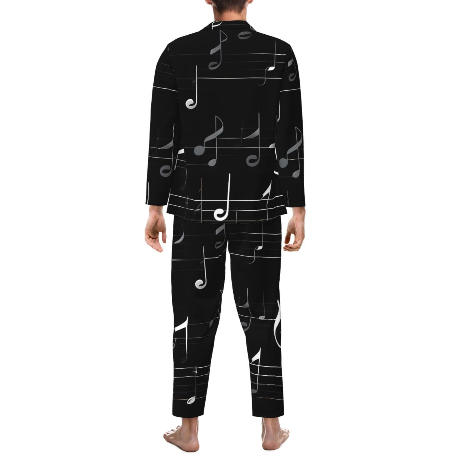 Herren-Pyjama-Set, langärmelig, mit Musiknoten-Aufdruck, zweiteilig, bequem, Nachtwäsche, Schwarz