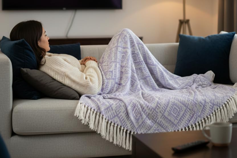 Image of HAKAM Lavender Pure Cotton Throw for 3 Seater Sofa | 100% Cotton |182x248 cm | Light Purple Throw for Sofa, Bed, Chair & Travel - Ideal for All Season | Pack of 1