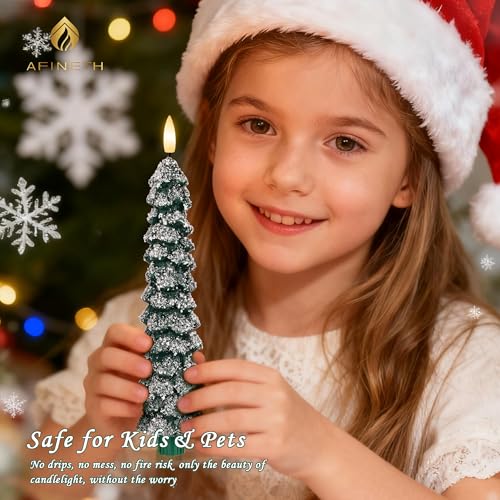 Image of Christmas Tree Candles with Snow, 9.6 inch Green Real Wax Flameless Taper Candles with Remote, Flickering Xmas Candlesticks for Home, Party Decor, 4 Pack