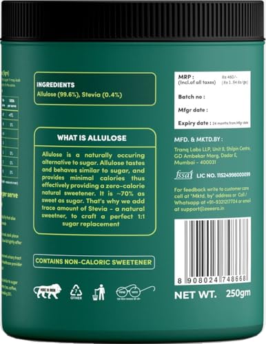 Image of Zeeero Allulose Premium Grade Sugar-Free Sweetener, Zero Calorie, Zero Carb, Keto Diet Friendly, Natural Sugar Replacement, 250gm