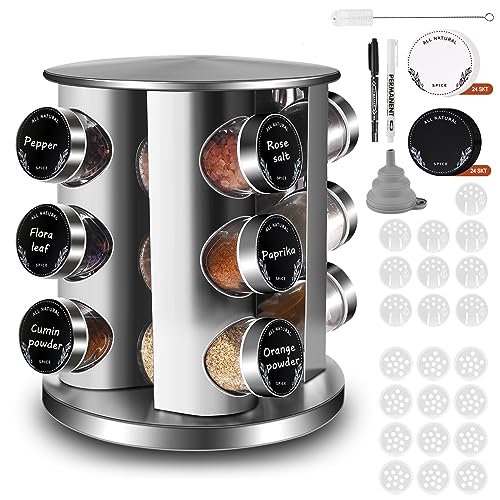 FNLLC Especieros para Cocina Redondo con 12 Botes para Especias,Soportes para Botes de Especias Giratorio 360°-Tarro de Especias con Tapa de Acero Inoxidable,Especieros