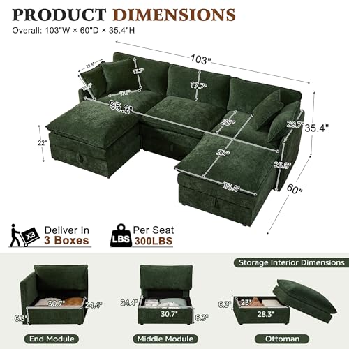 Image of Ihanherry 103 inch Modular Sectional Sofa with Storage, U Shaped Cloud Couch with Movable Ottomans & 4 Pillows, Chenille Deep Seat Sectional Couches for Living Room, Apartment (Green)