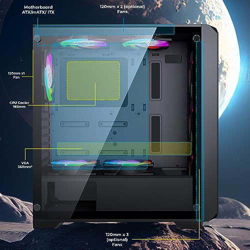 Image of ZEBRONICS VOXEL Mid-Tower Premium Gaming Cabinet, ATX, ARGB Rear Fan, LED Control Switch, Tempered Glass Panel, USB 3.0, 360mm Front or 240mm Top AIO Cooler Support with Top & Bottom Dust Filter