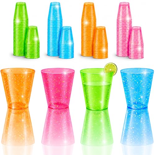 Stumbelina 100 COUNT (1 oz) NEON SPARKLE | PLASTIC SHOT GLASS CUPS | Disposable BRIGHT MULTI-COLOR Variety Pack | Glow Party Disco Rave Trinkets Decorations Accessories Decor