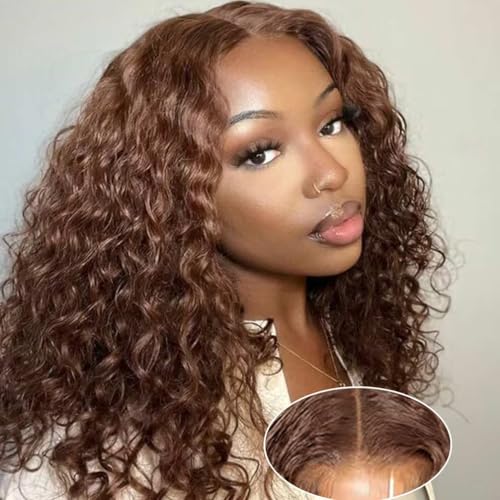 Image of Wear and Go Glueless Wigs Human Hair Pre Plucked Pre Cut Chocolate Brown Lace Front Wigs for Black Women 180 Density Water Wave Wig Human Hair Colored Curly Wig (Chocolate Brown Color, 18 Inch)