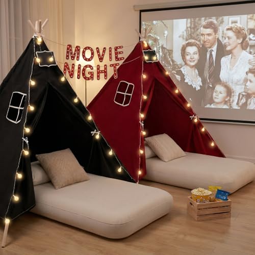 BreezeHug 8 Pcs 2 Set Movie Night Teepee Tent with Inflatable Airbed Star Light String Blackboard Paper Banner Movie Night Play Tent for Indoor Outdoor Birthday Slumber Party