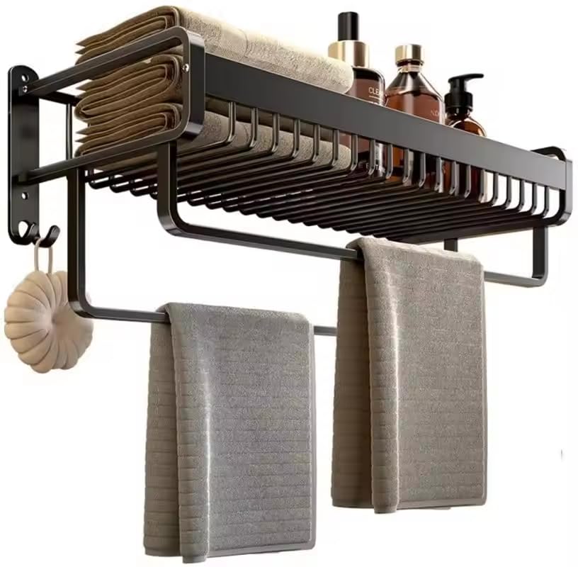 Elevate Toallero Negro Adhesivo Doble en Acero Inoxidable. Adhesivo sin taladrar a Pared. Tamaño XL: 66cm, Doble Barra y Dos Ganchos Toallero Grande sin Tornillos TOALLERO Adhesivo Negro Mate