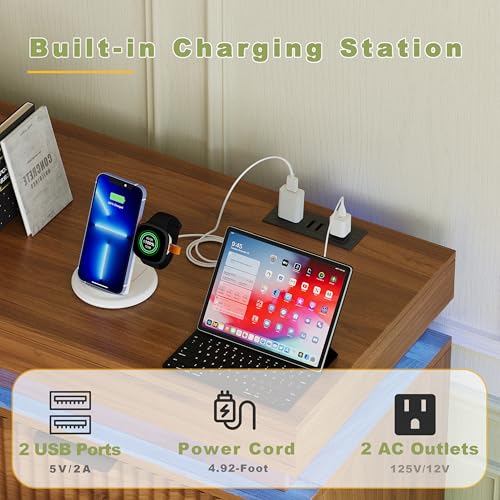 Image of 9 Drawer Dresser with LED Lights and Charging Station, 63 inch Wide Walnut Wood Fluted Dresser for Bedroom, Modern Chest of Drawers for Closet Dresser TV Stand for Living Room, Entryway, Hallway
