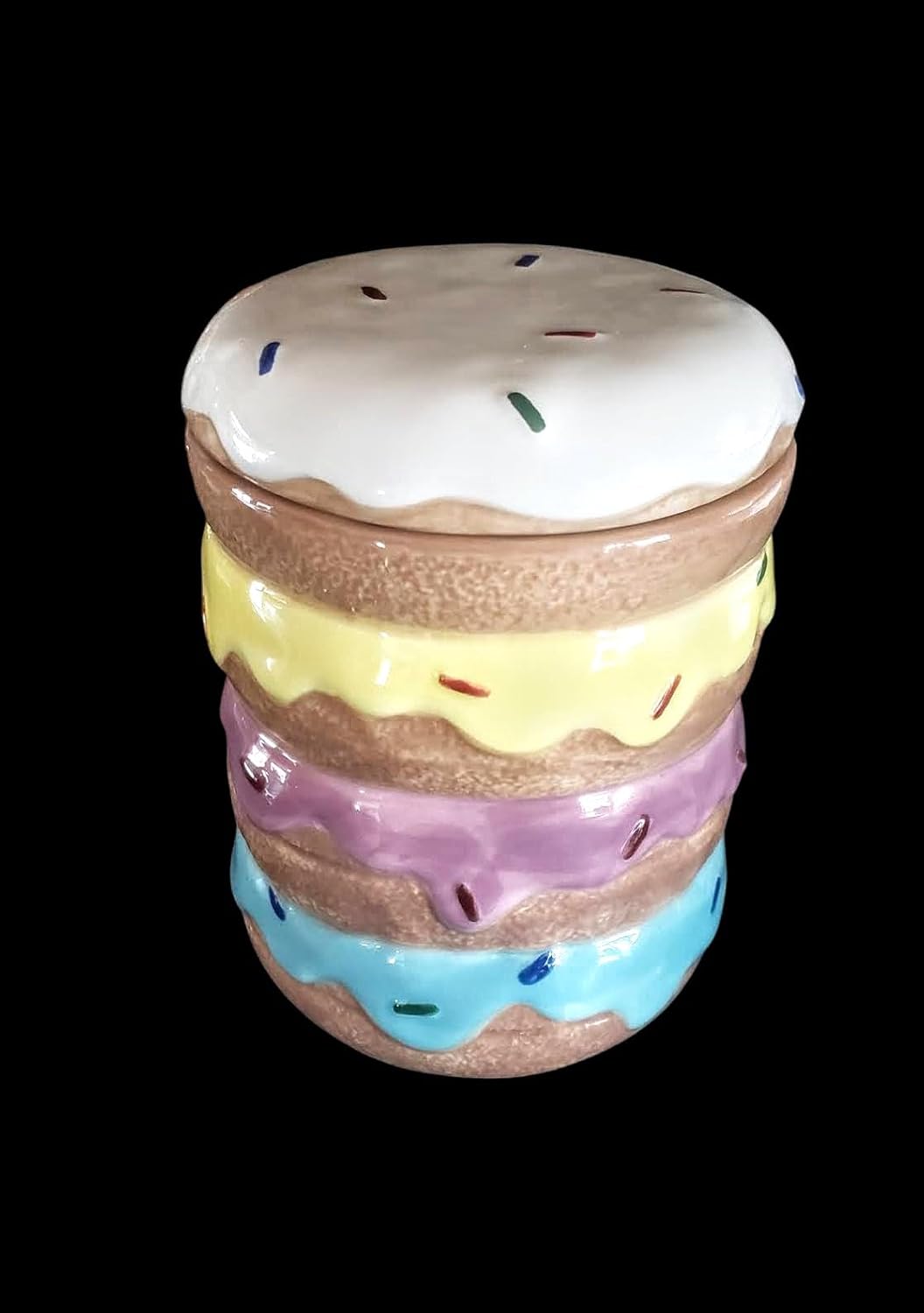 Ceramic Doughnut With Sprinkles Candy Cookie Jar With Lid 6 x 5 Inches Tan White Yellow blue