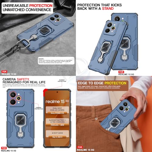 Image of AESTMO Armor Back Cover for Realme 15 5G / 15 Pro 5G | Ring Holder & Kickstand & Camera Protection in-Built | 360 Degree Protection Back Case Cover (Blue)