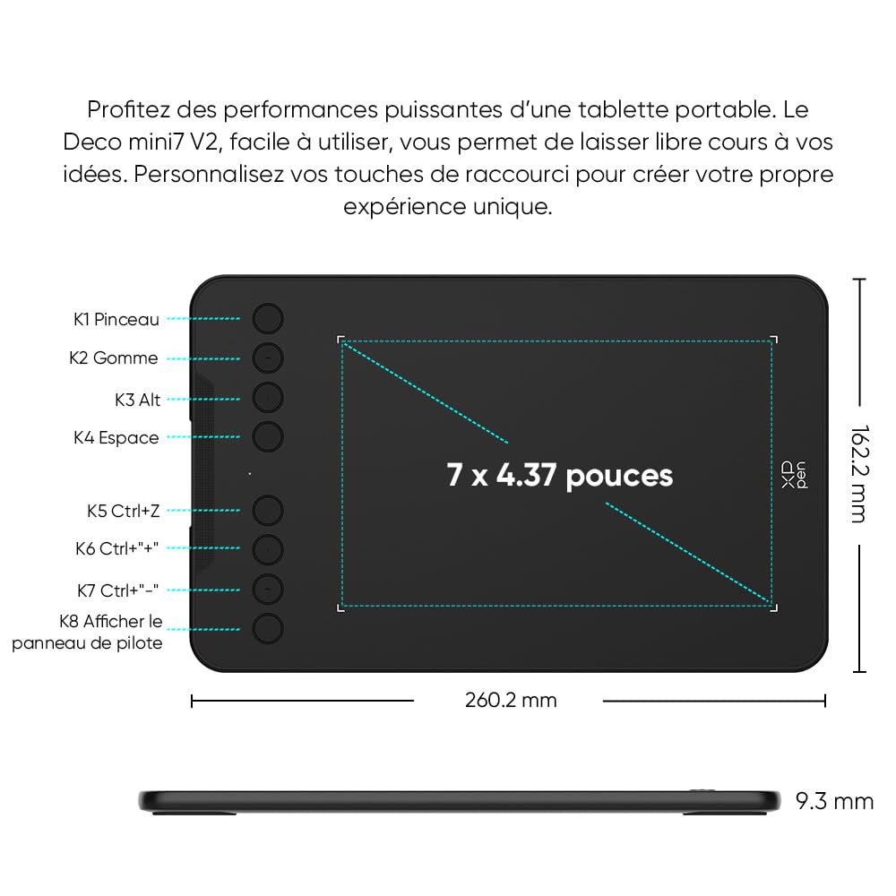XPPen Deco mini7 v2 Tablette Graphique 7 Pouces 16k Niveaux de Pression Dessin sans Écran