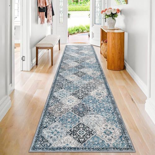 KILOCOCO 2.6x14 Runner Rug, Moroccan Super Soft Washable Hallway Entryway Runner Rug, Accent Print Faux Wool Kitchen Runner Non-Slip Boho Carpet for Laundry Room Bedroom, Blue/Multi