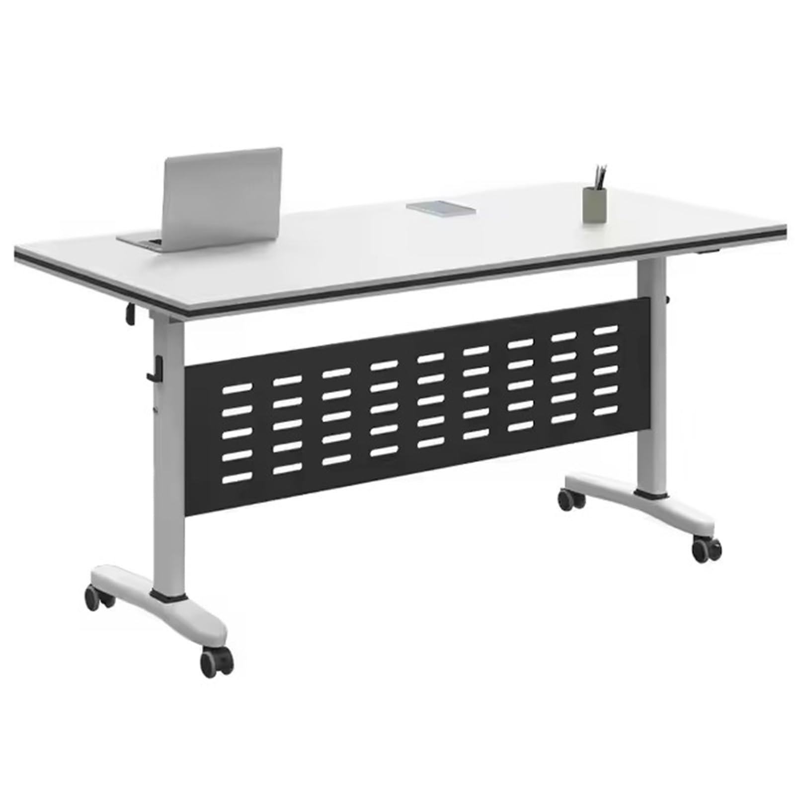 Table bureau pliante blanche rectangulaire avec roue de verrouillage mobile