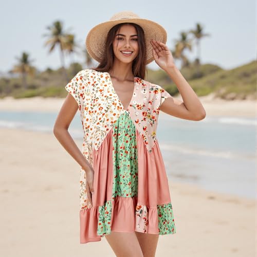 Image of SOOKABEILA Women's Boho Mini Dress Y2k Floral Print Deep V-Neck Puff Sleeve Short Dress 2025 Summer Loose Beach Sundress