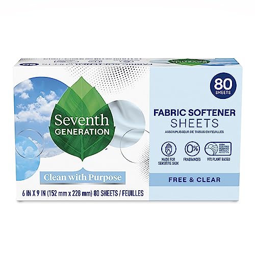 Seventh Generation Dryer Sheets Laundry Fabric Softener, Free & Clear Made for Sensitive Skin, 80 Sheets