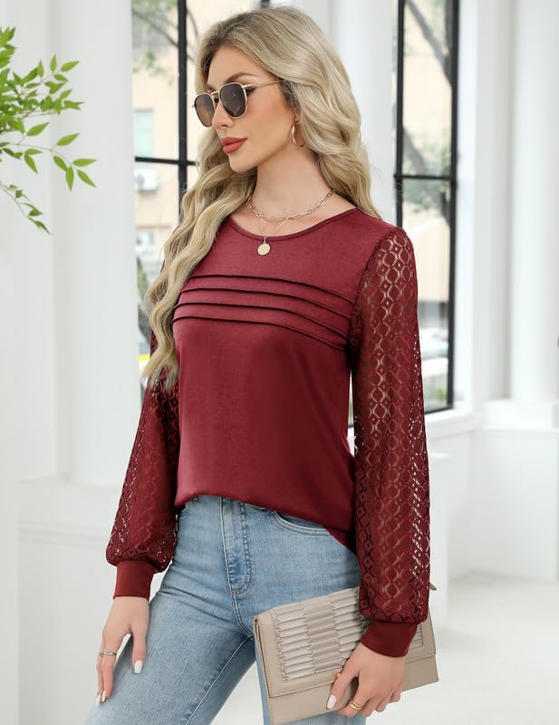 Womens Lace Long Sleeve Tops Long Sleeve Shirts Dressy Cute Fall Tops 2025 Casual T-Shirts Work Outfits Blouses - Image 2