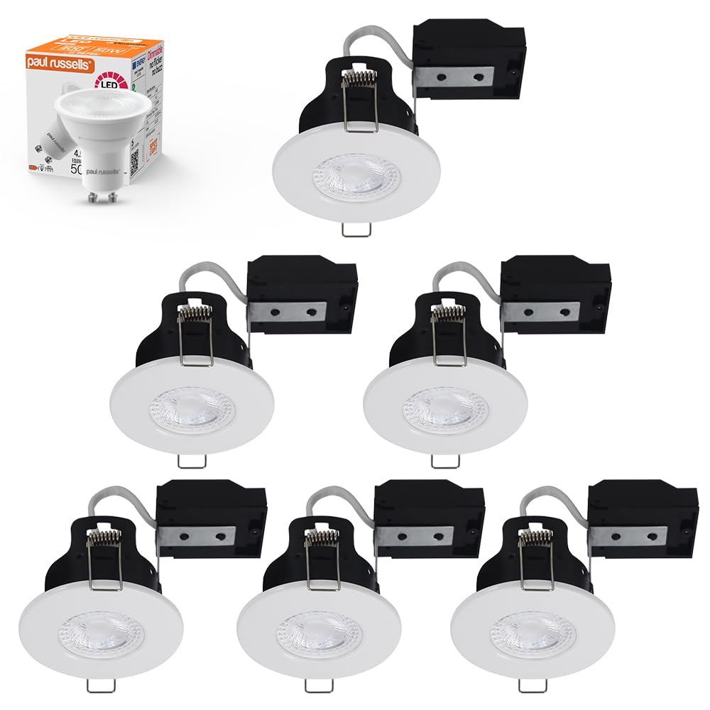 paul russells Dimmable LED Downlights Recessed Ceiling Lights, Fire Rated GU10 Spotlights Can, 65-70mm, IP65, 4.5W = 50W Equivalent, White Bezel, Include 6500K Daylight White Bulb, 6 Packs