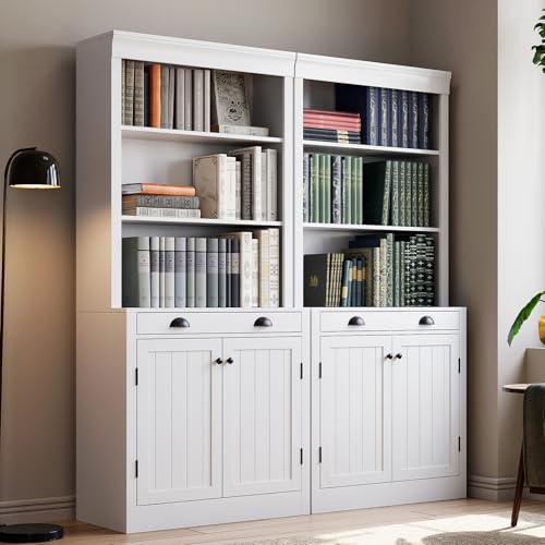 GarveeHome 71" Tall Bookshelf and Bookcase with Drawer, 5-Tier White Bookshelf with Doors, Adjustment Shelf, Wood Bookshelves Storage Cabinets for Home Office, Living Room, White, Set of 2