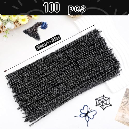 Image of Hssugi 100PCS Pipe Cleaners, Glitter Black Chenille Stems Craft Supplies | Chenille Stems Pipe Cleaners, Pipe Cleaners Bulk for Hair Fuzzy Sticks for DIY Art and Craft Projects Home Decoration