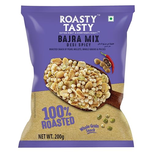 Image of Roasty Tasty Bajra Mix Desi Spicy | Healthy - Low Calorie, Low GI, Non Fried | Millet Namkeen - Made using Roasted Bajra | Cholesterol Free - No Transfat | Chatpata Roasted Namkeen 200g (Pack of 6)