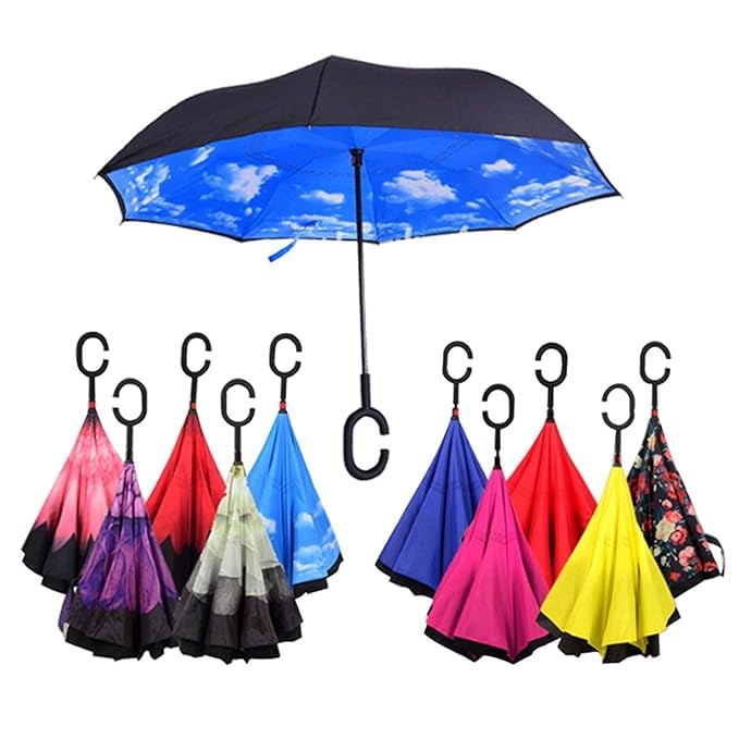 TheUrbanShop Double Layer Inverted Reversible Windproof Upside Down Umbrellas with C-Shaped Handle for Women and Men - Double Layer Inside Out Folding Umbrella-image-49
