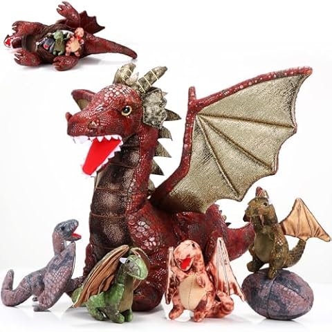 Deekin 7 Pcs Dragon Toy Set 16 Inch Large Dragon Stuffed Animal with 4 Cute Baby Plush Dragons and 2 Eggs in Mommy Dragon's Belly Gifts for Christmas Boys Girls Birthday(Retro Style) Cover