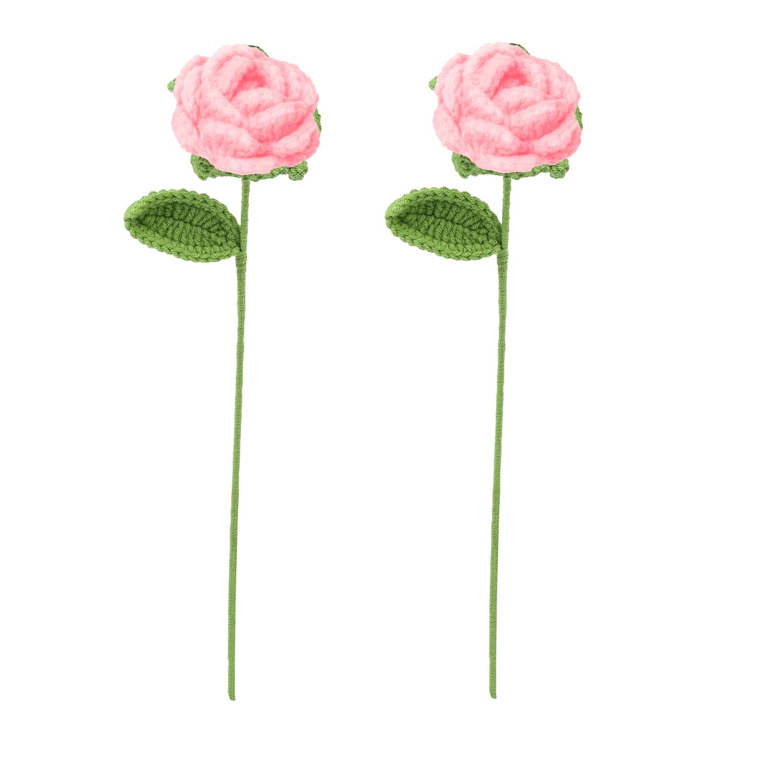 2PCS Crochet Flower, Crochet Roses, Knitted Roses, Handmade Crochet Rose with Leaves and Long Stem, Crocheted Knitted Flower for Mother's Day Graduation Birthday Wedding Party Gifts Decor(Pink)