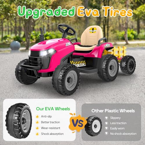 Image of ANPABO 24V Ride On Tractor for Kids w /Detachable Trailer, EVA Tires, Pink