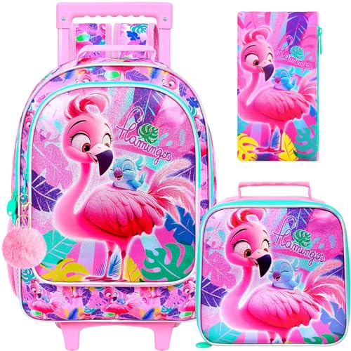 gxtvo Mochila com rodinhas para meninas, linda bolsa de livros infantil com rodinhas de flamingo - 3 peças Flamingo, Mochila com rodinhas rosa flamingo impressão UV, One Size, Mochila com rodinhas