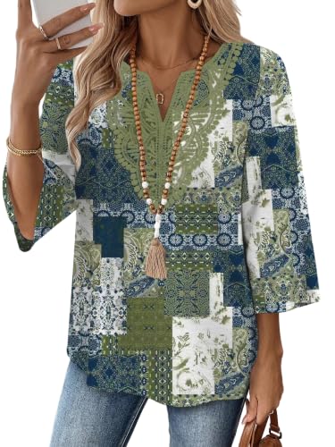 Image of WIHOLL 3 /4 Length Sleeve Womens Tops Boho V Neck Lace Shirt Trendy Blouses Dressy Casual Vacation Clothes S-3XL