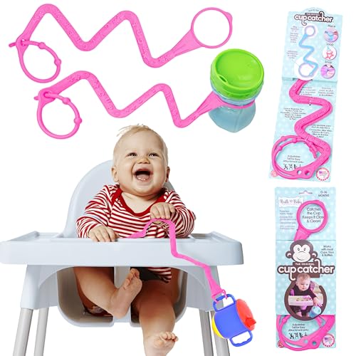 Image of Brilli Baby Cup Catcher Patented Safety Tether Strap, Attach Sippy Cups, Bottles, Pacifiers & More to Stroller, High Chair, Car Seat, Made in USA, Food Grade, Dishwasher Safe (Pink & Pink)