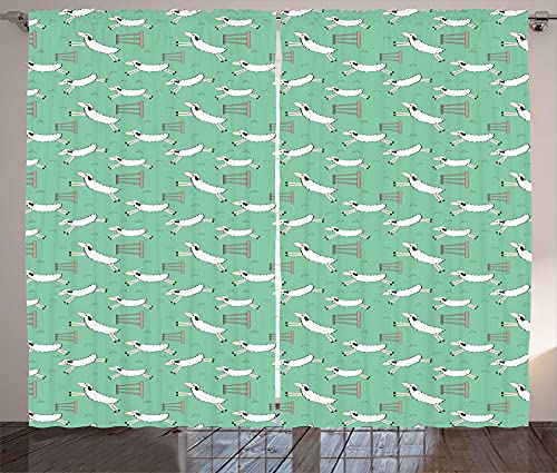 ABAKUHAUS Sheep Rustic Curtain, Fluffy Animal Over a Fence, Living Room Universal Tape Curtains with Loops and Hooks, 280 x 260 cm, Sea Green Taupe Grey