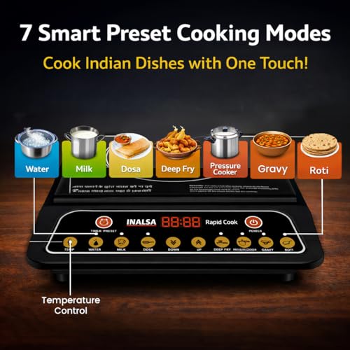 Image of INALSA 2000W Induction Cooktop with Smart Push Control|7 Indian Cooking Preset(Roti, Pressure Cooker & More)|Pan Sensor Technology|Variable Timer|Overheat & Voltage Protection|Anti-Skid Feet|RapidCook