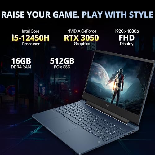 Image of HP Victus 15.6 inch 144Hz FHD Gaming Laptop, Intel i5-12450H, 16GB DDR4 RAM, 512GB PCIe SSD, NVIDIA GeForce RTX 3050, Backlit Keyboard, 720p HD Camera, Wi-Fi 6, Windows 11, Blue
