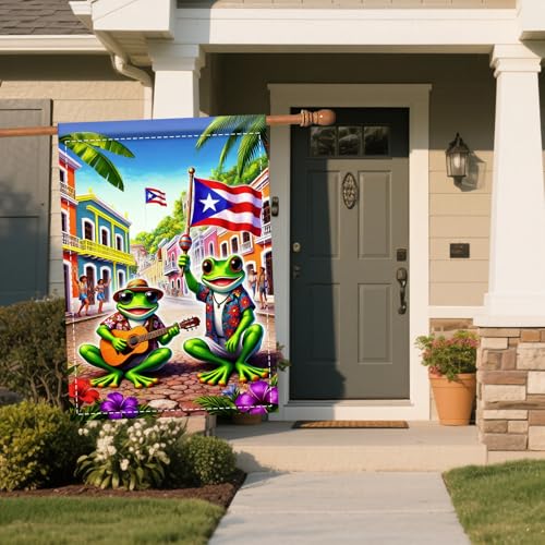 Image of Nuxovilar Puerto Rico Garden Flag Big Frog Guitar Polyester 27x39inch | Musical Sign, Festive Hanger, patriotic garden flag, outdoor lawn decoration, porch yard home (Big Frog)