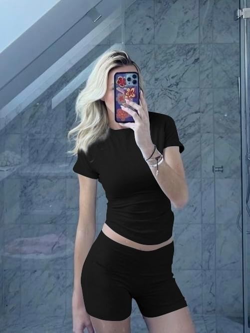 AYWA Women's Two Piece Sets Summer Slim Fitted Short Sleeve Tops Foldover Shorts Matching Lounge Sets - Image 6