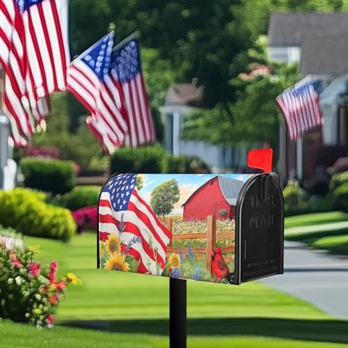 Image of Beautiful Summer Sunflower Floral Mailbox Covers Magnetic 4th of July American Flags Mailbox Cover Standard Size 21 x 18 Inch Patriotic Mail Box Wraps for Farmhouse Garden Yard Decor
