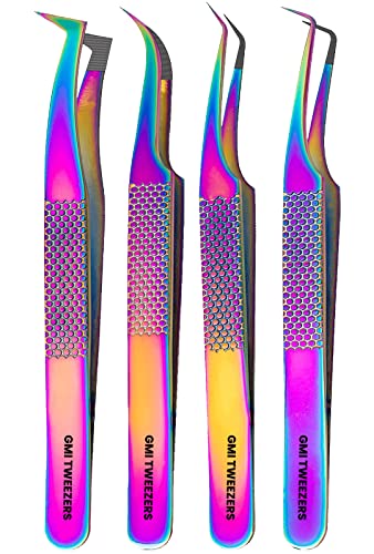 Fiber Tip Lash Tweezers- Pack of 4 Eyelash Extension Tweezers Professional- Lash Tweezers.